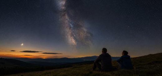 Poletno nočno nebo z Rimsko cesto, Luno in opazovalcem pod zvezdami