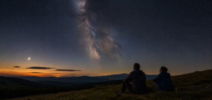 Poletno nočno nebo z Rimsko cesto, Luno in opazovalcem pod zvezdami