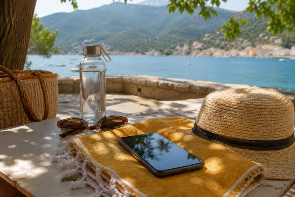 Mobilni telefon v senci poleti, zaščiten pred pregrevanjem na soncu.