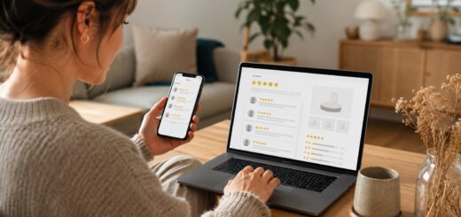 Oseba med spletnim nakupovanjem bere ocene kupcev na prenosniku in telefonu