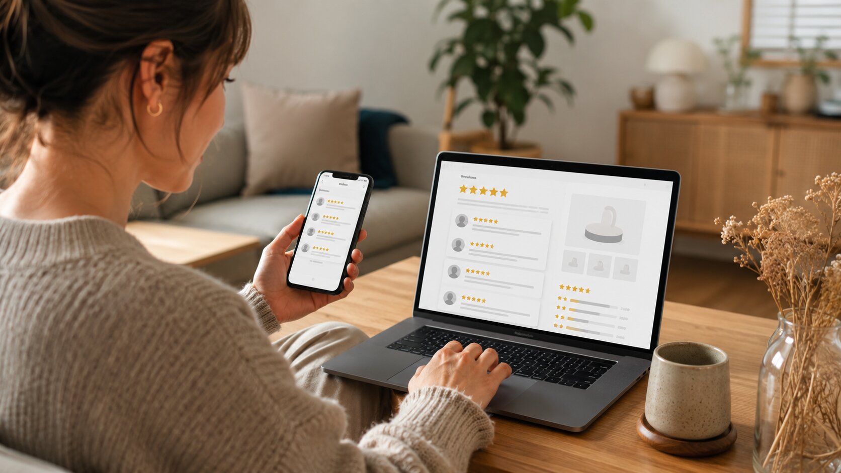 Oseba med spletnim nakupovanjem bere ocene kupcev na prenosniku in telefonu
