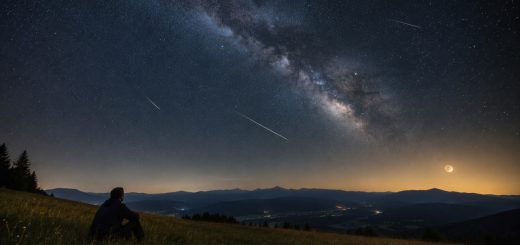 Poletno nočno nebo z meteorji Perzeidov, Luno in opazovalcem pod zvezdami
