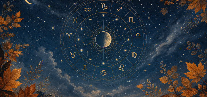 Jesensko nočno nebo z nežnimi zodiakalnimi motivi.