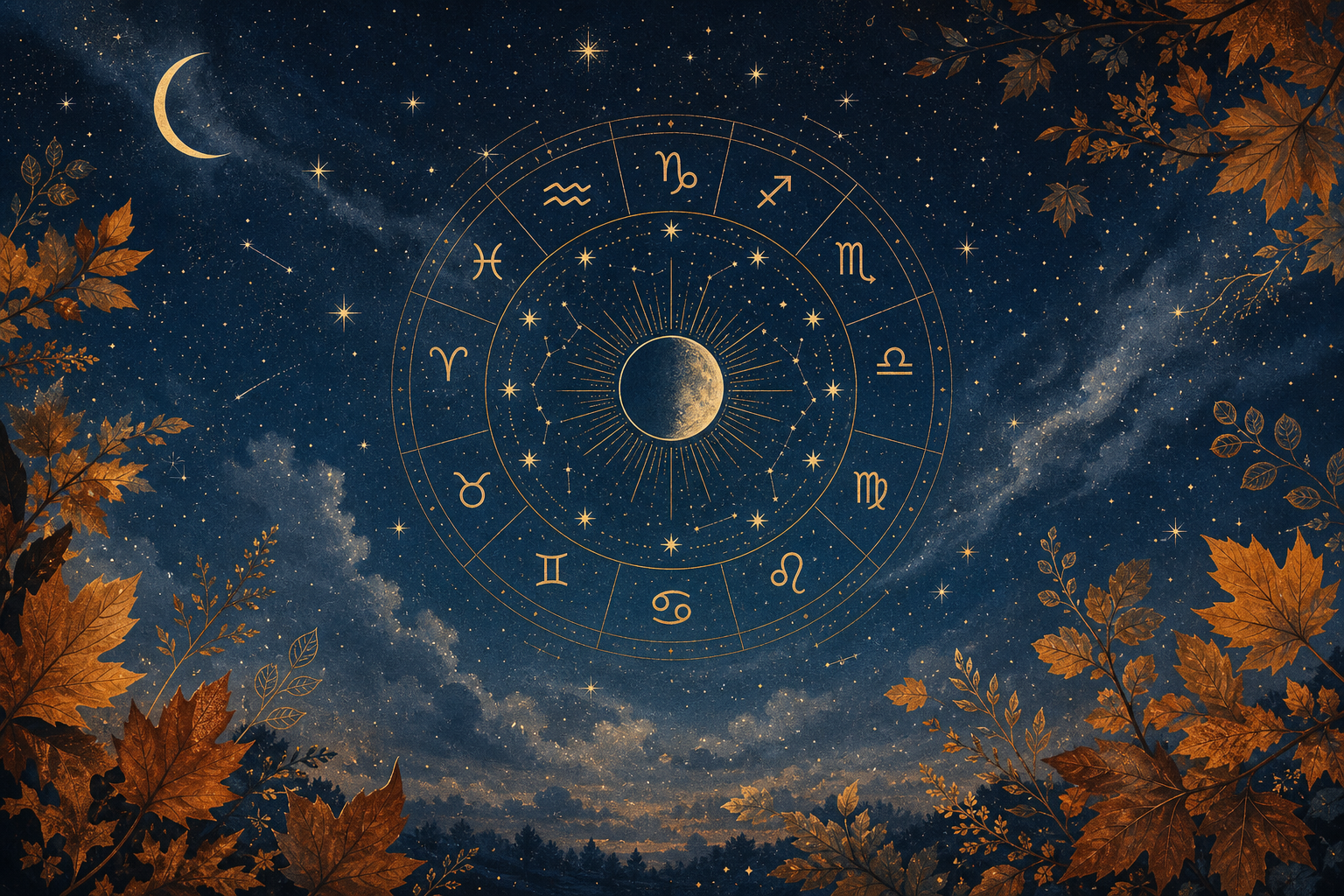 Jesensko nočno nebo z nežnimi zodiakalnimi motivi.