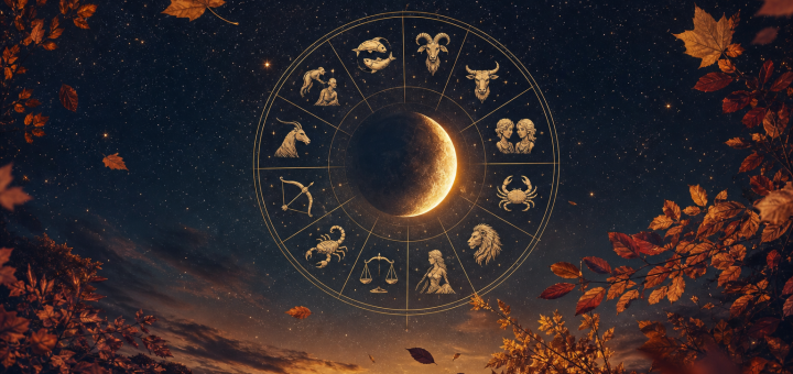 Jesenska astrološka ilustracija z znamenji zodiaka.