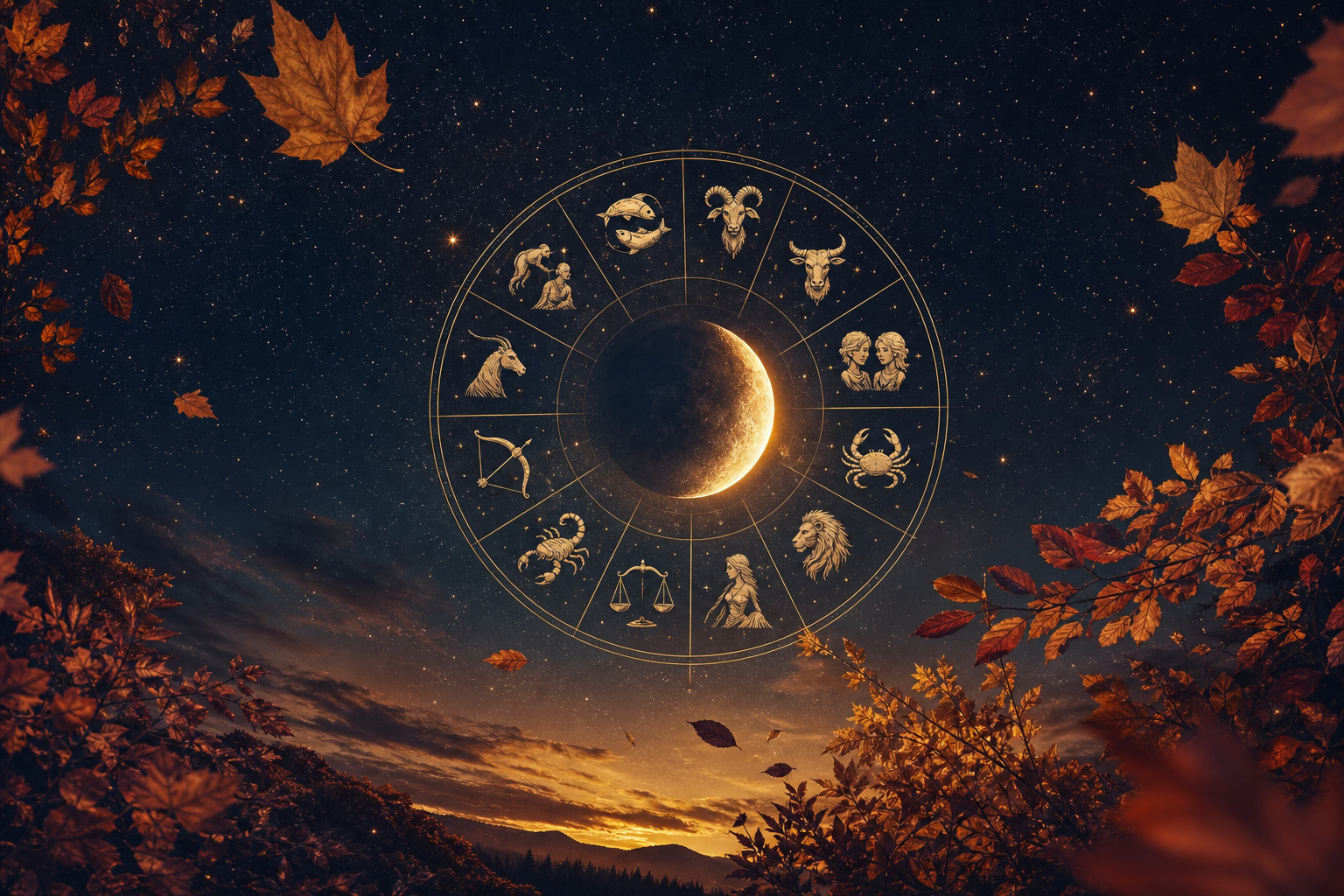 Jesenska astrološka ilustracija z znamenji zodiaka.