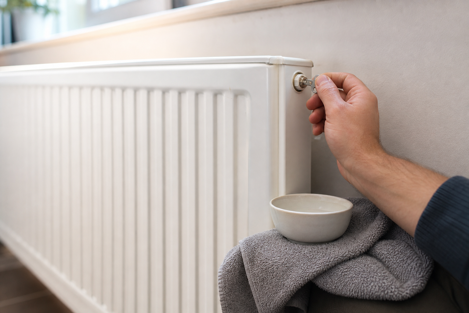 Odzračevanje radiatorja s ključem in posodo pod ventilom.