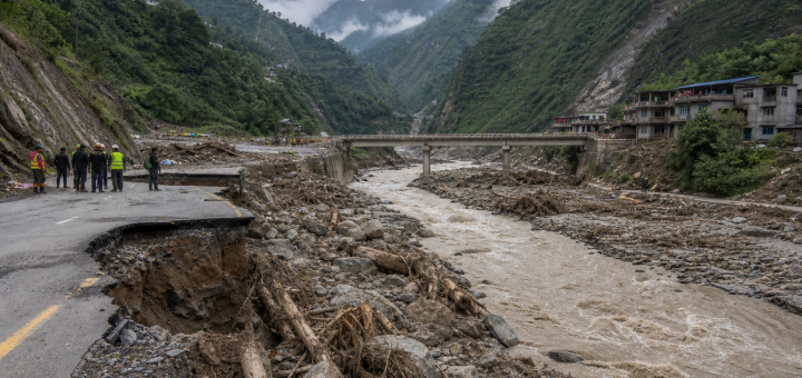 Posledice nenadne poplave v gorski dolini v Nepalu