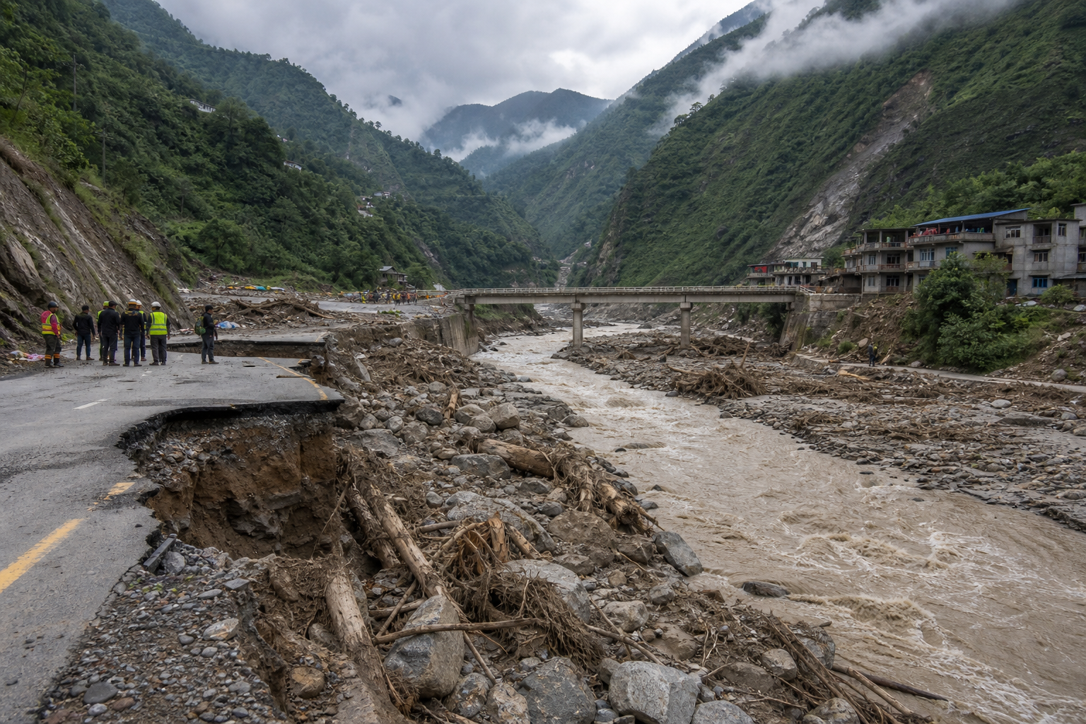 Posledice nenadne poplave v gorski dolini v Nepalu