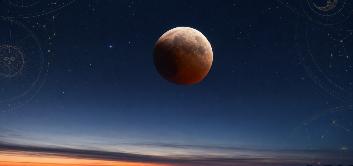 Delni lunin mrk na predjutranjem nebu z nežnim astrološkim motivom.