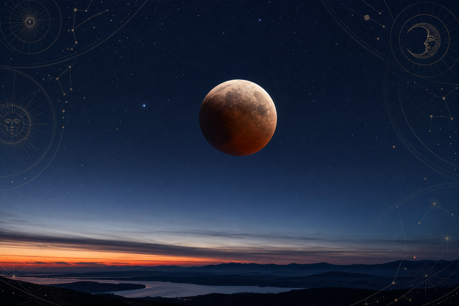 Delni lunin mrk na predjutranjem nebu z nežnim astrološkim motivom.