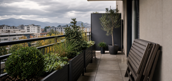 Balkon pripravljen na jesenski dež z urejenimi lonci in pohištvom.