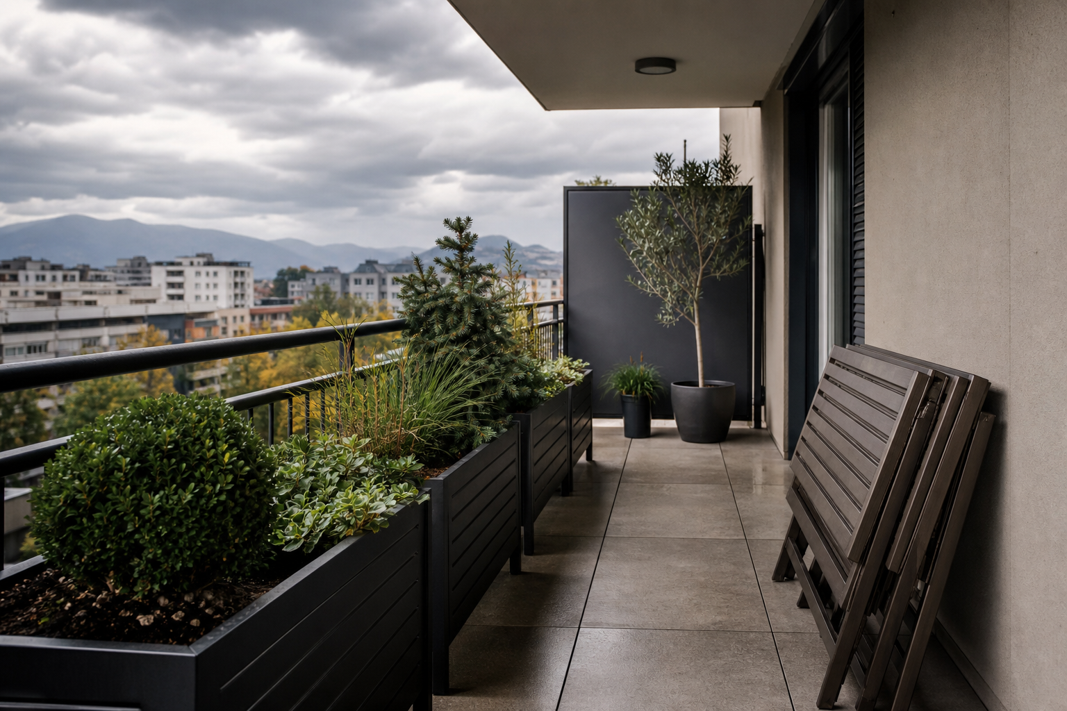 Balkon pripravljen na jesenski dež z urejenimi lonci in pohištvom.