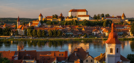 Ptujsko staro mestno jedro in grad nad Dravo.