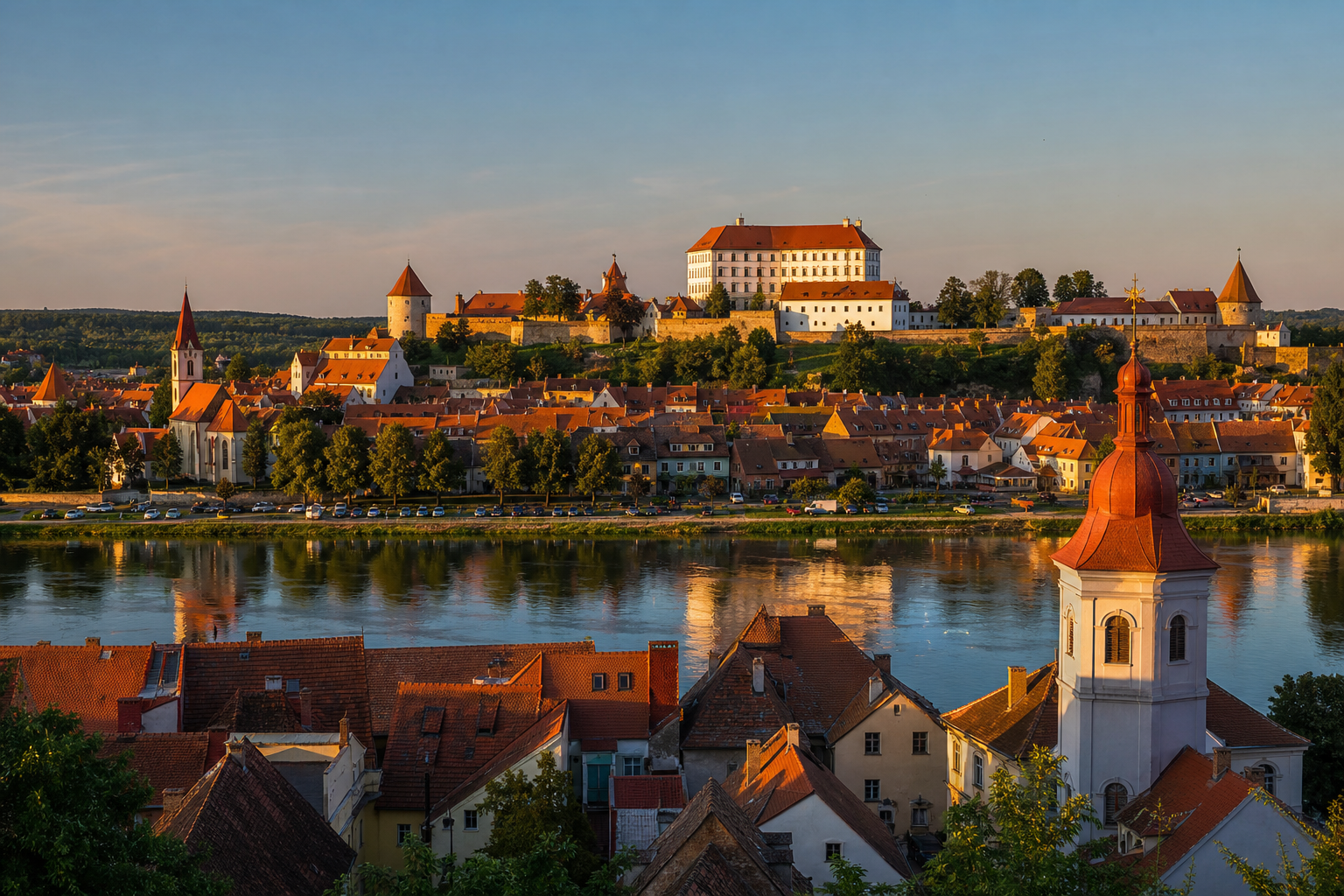 Ptujsko staro mestno jedro in grad nad Dravo.