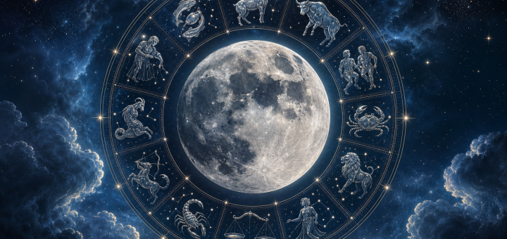 Luna v središču simbolnega kroga dvanajstih znamenj zodiaka