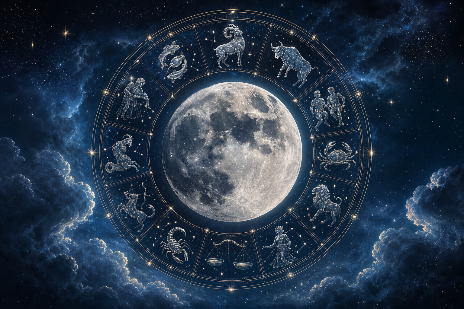 Luna v središču simbolnega kroga dvanajstih znamenj zodiaka
