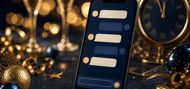 SMS novoletna voščila 2027 – telefon v prazničnem novoletnem vzdušju