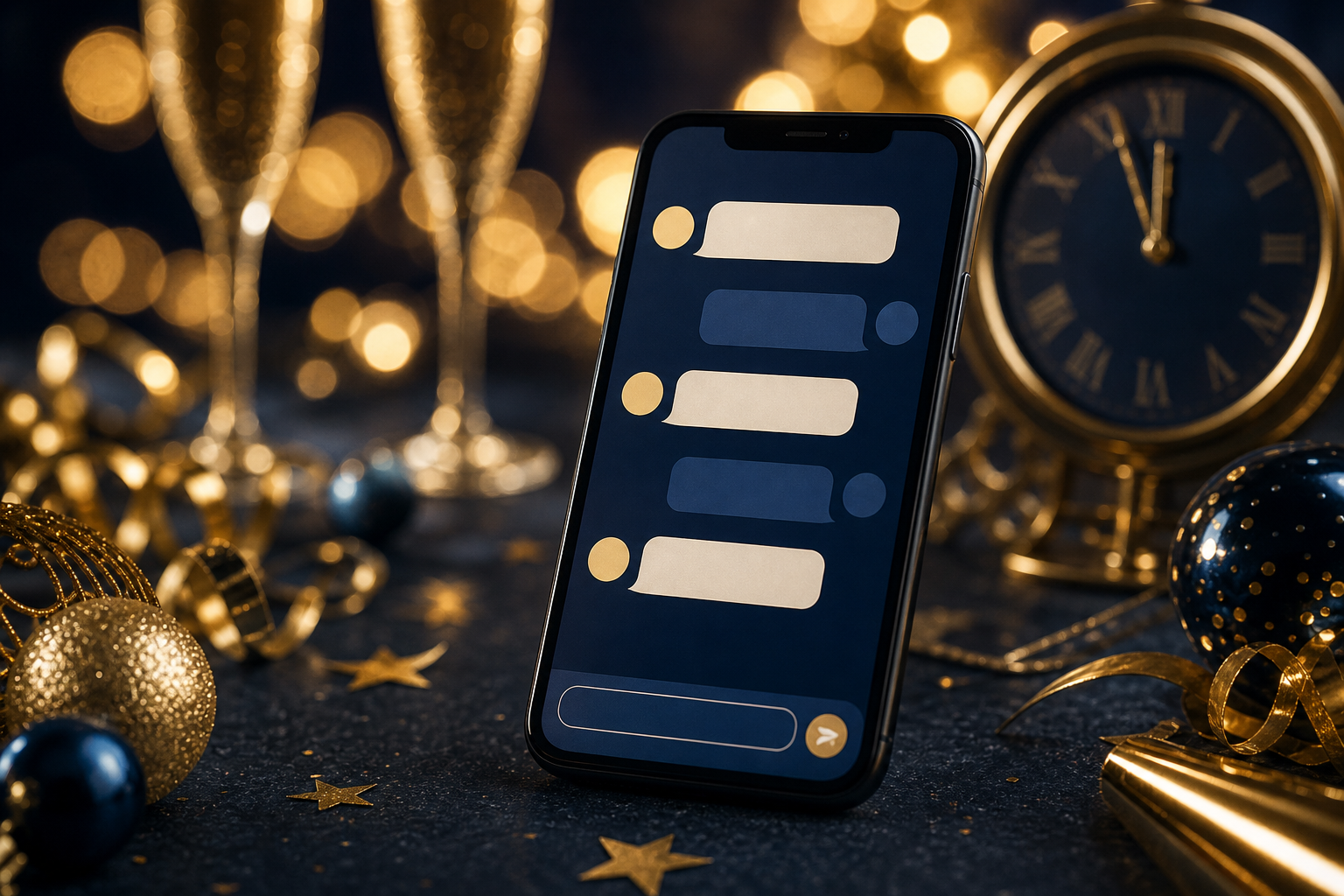 SMS novoletna voščila 2027 – telefon v prazničnem novoletnem vzdušju