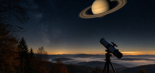 Saturn z obroči nad nočno pokrajino in teleskopom.