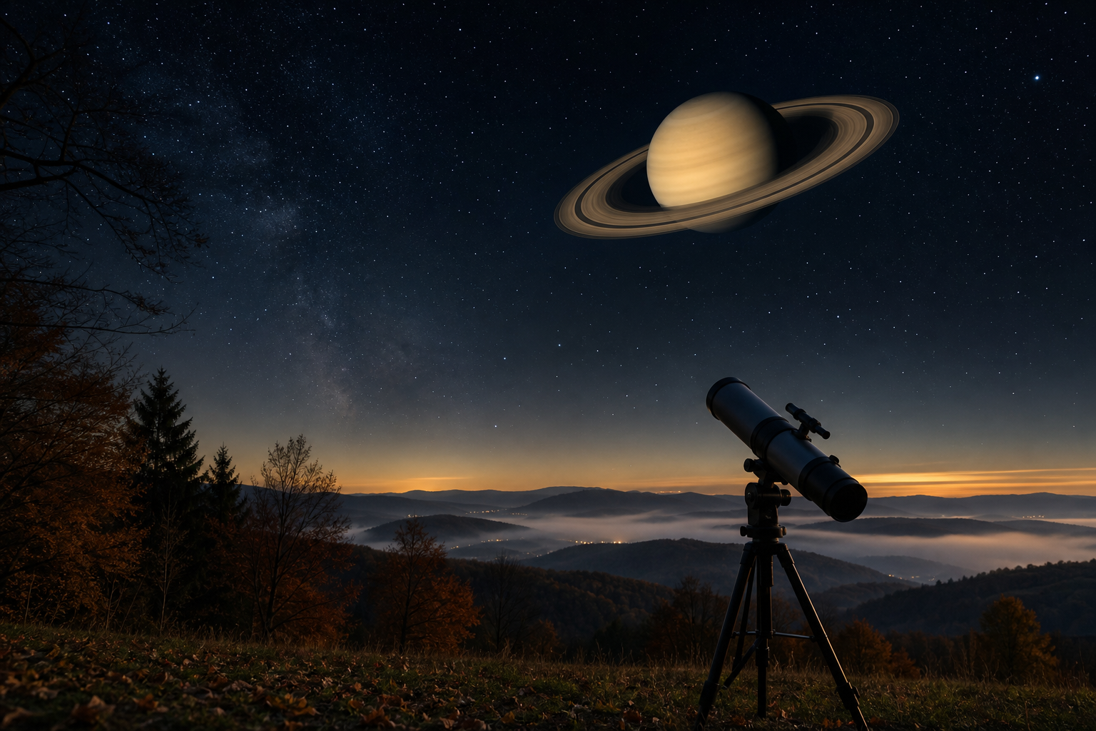 Saturn z obroči nad nočno pokrajino in teleskopom.