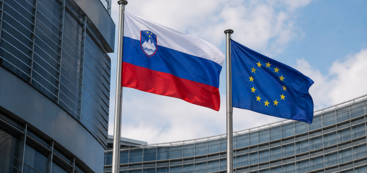 Slovenska in evropska zastava pred institucionalno stavbo