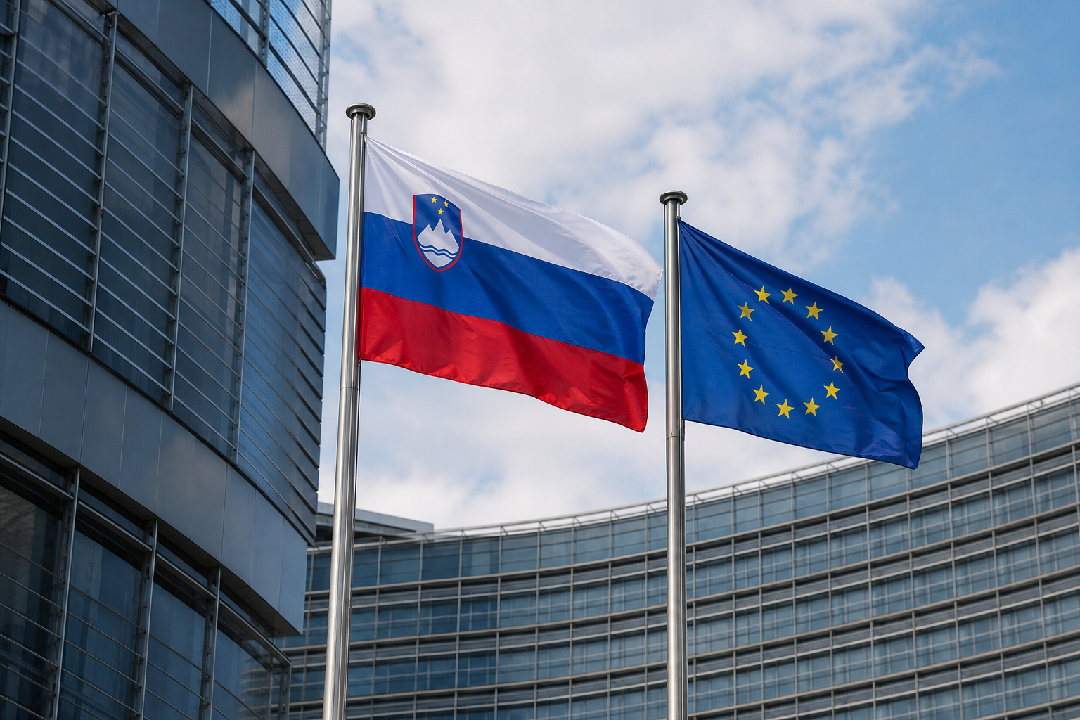 Slovenska in evropska zastava pred institucionalno stavbo