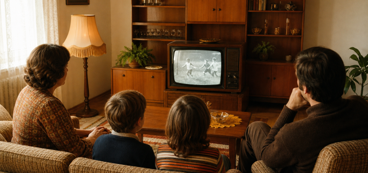 Nostalgična dnevna soba s televizorjem iz sedemdesetih let