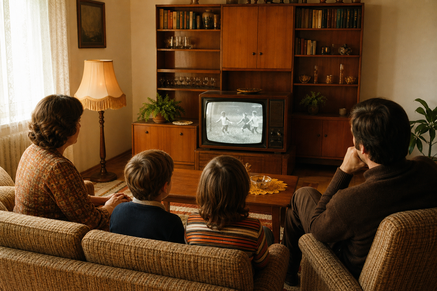Nostalgična dnevna soba s televizorjem iz sedemdesetih let